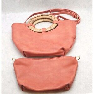 Anthropologie Coral W/Rattan Handles & Crossbody Strap Handbag + Removable Pouch